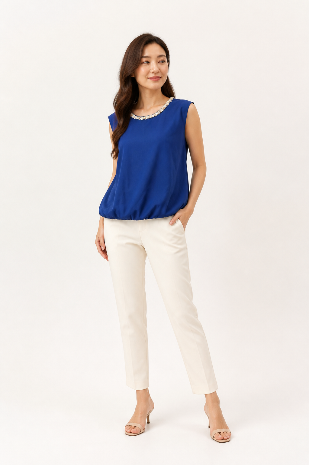 Elara Embellished Neck Bubble Hem Top
